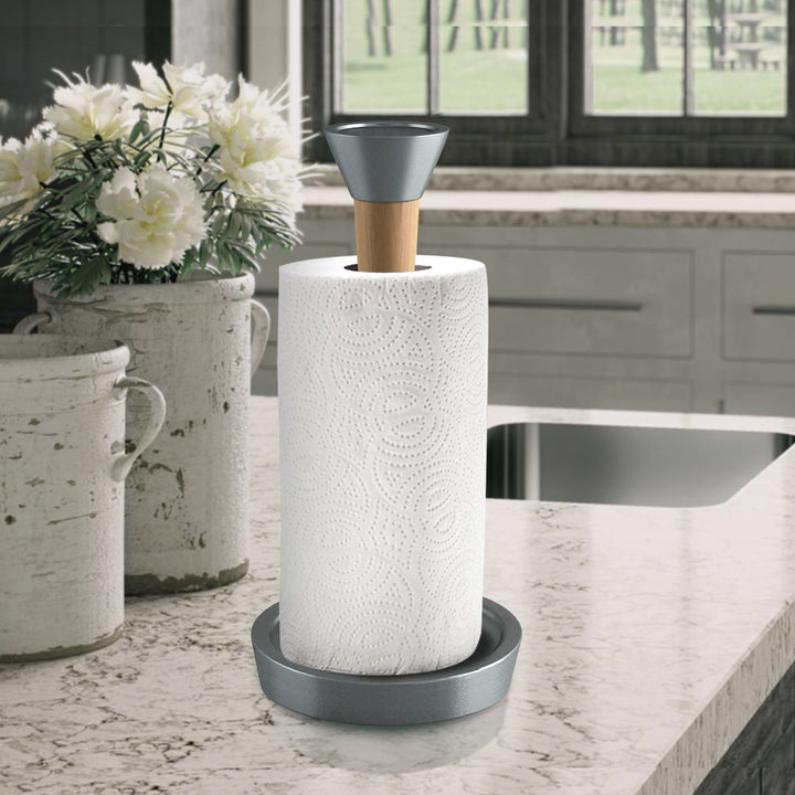 Wood Paper Towel Holder | Easy One-Handed Tear Kitchen Paper Towel Dispenser with Weighted Base for Standard Paper Towel Rolls, Oil Rubbed Bronze Finish
