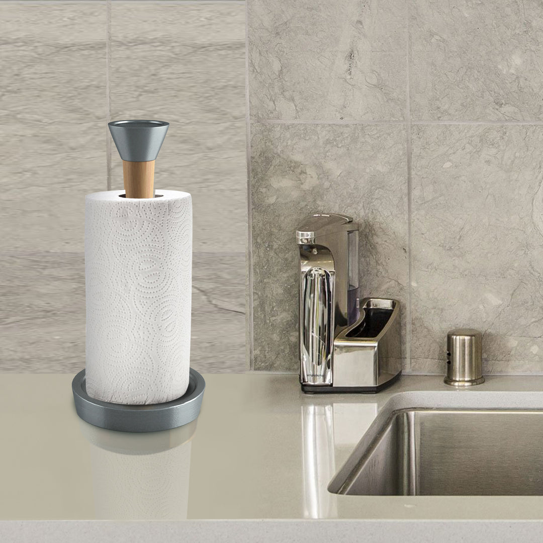 Wood Paper Towel Holder | Easy One-Handed Tear Kitchen Paper Towel Dispenser with Weighted Base for Standard Paper Towel Rolls, Oil Rubbed Bronze Finish
