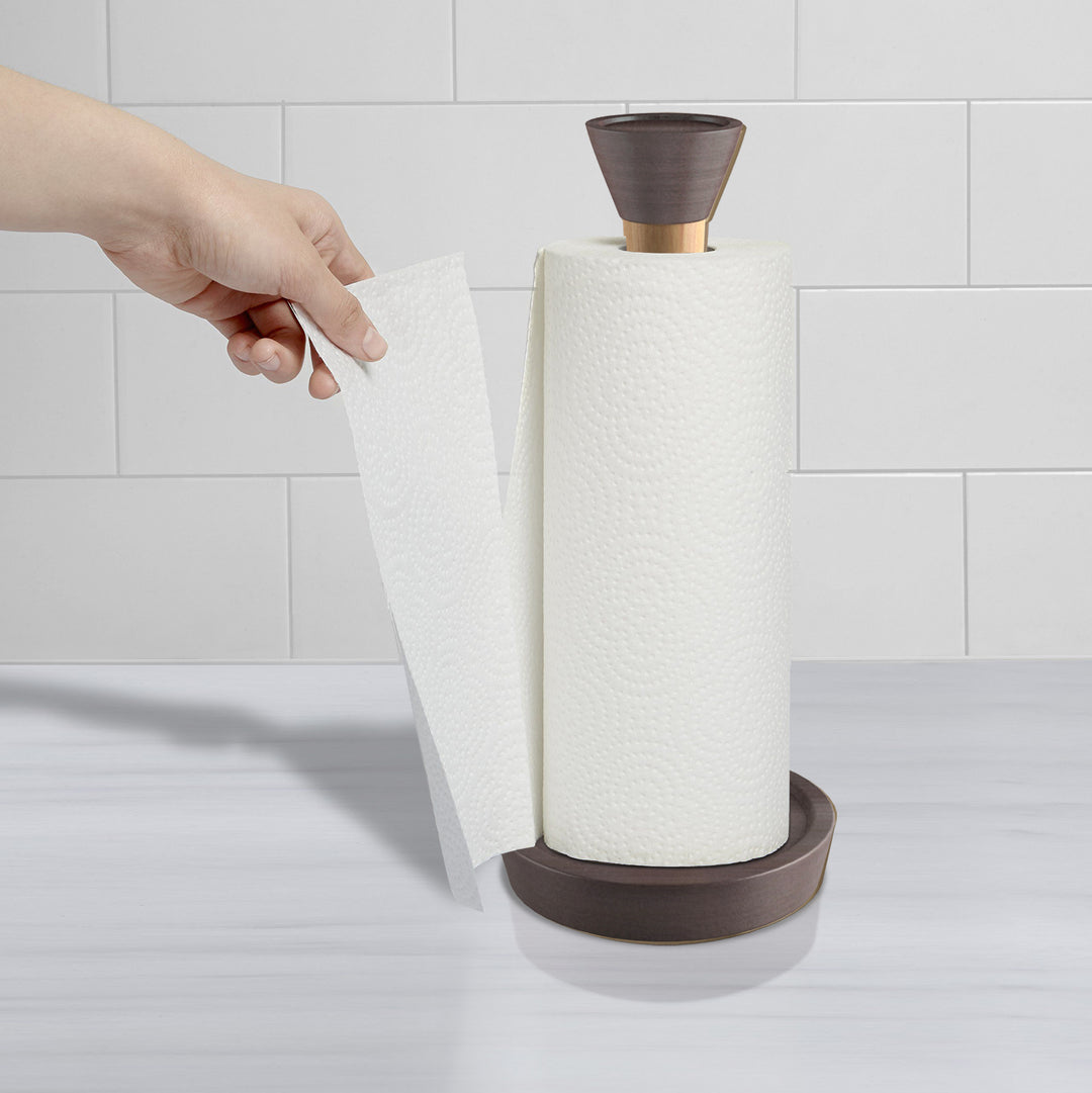 Wood Paper Towel Holder | Easy One-Handed Tear Kitchen Paper Towel Dispenser with Weighted Base for Standard Paper Towel Rolls, Oil Rubbed Bronze Finish