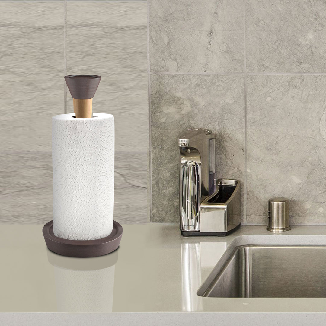 Wood Paper Towel Holder | Easy One-Handed Tear Kitchen Paper Towel Dispenser with Weighted Base for Standard Paper Towel Rolls, Oil Rubbed Bronze Finish