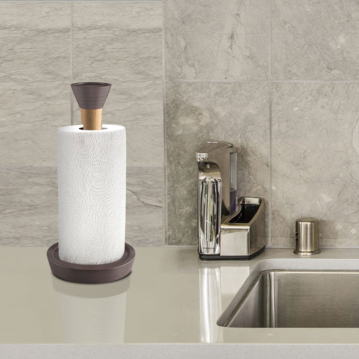 Wood Paper Towel Holder | Easy One-Handed Tear Kitchen Paper Towel Dispenser with Weighted Base for Standard Paper Towel Rolls, Oil Rubbed Bronze Finish