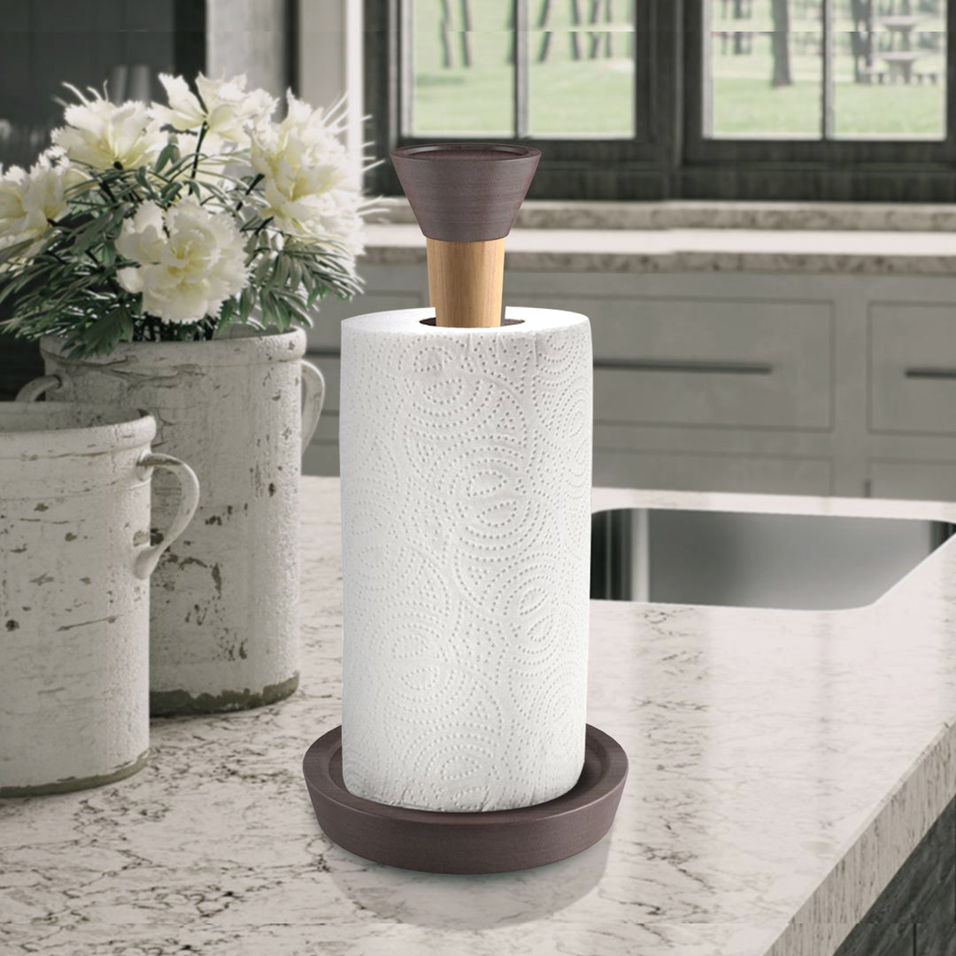 Wood Paper Towel Holder | Easy One-Handed Tear Kitchen Paper Towel Dispenser with Weighted Base for Standard Paper Towel Rolls, Oil Rubbed Bronze Finish