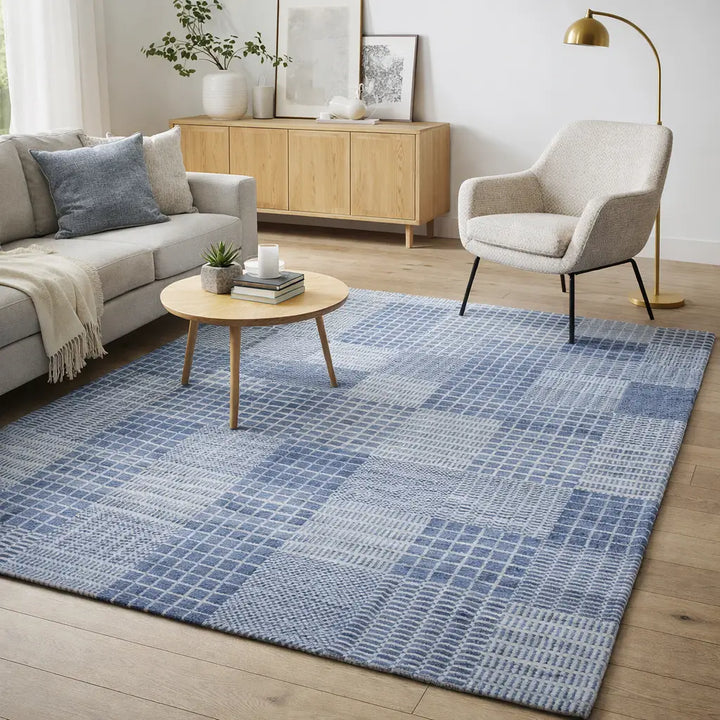 Area Rug | Blue Wool & Bamboo Silk Handloom Check Rug