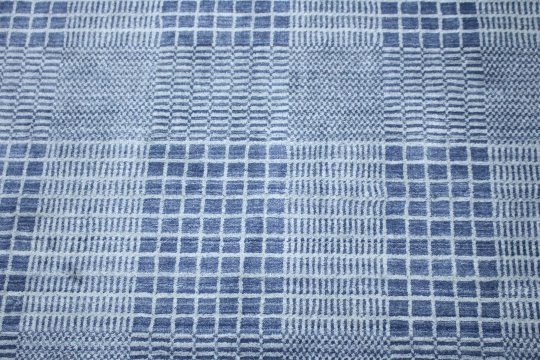 Area Rug | Blue Wool & Bamboo Silk Handloom Check Rug