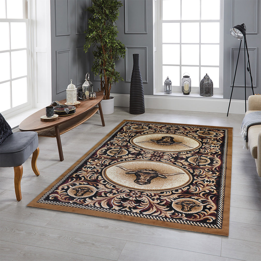 Great West Polypropylene Area Rug | Western Longhorn & Ornate Floral Design | Durable Indoor Accent Rug