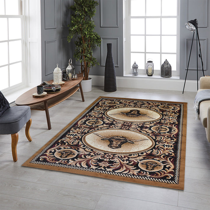 Great West Polypropylene Area Rug | Western Longhorn & Ornate Floral Design | Durable Indoor Accent Rug