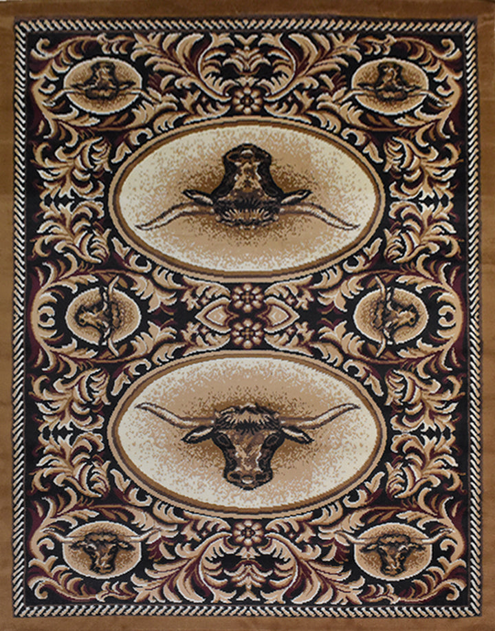 Great West Polypropylene Area Rug | Western Longhorn & Ornate Floral Design | Durable Indoor Accent Rug