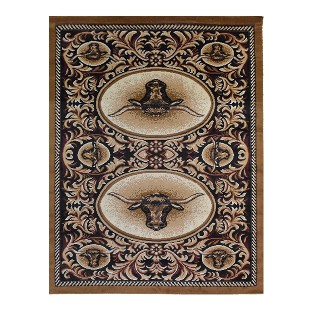 Great West Polypropylene Area Rug | Western Longhorn & Ornate Floral Design | Durable Indoor Accent Rug