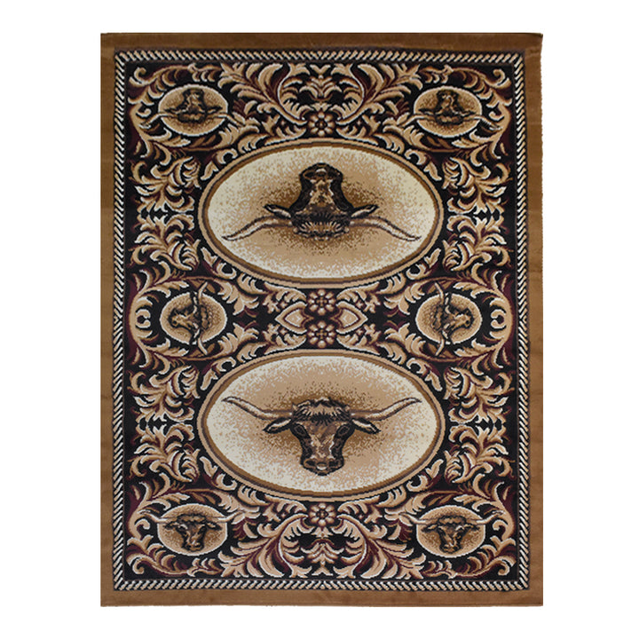 Great West Polypropylene Area Rug | Western Longhorn & Ornate Floral Design | Durable Indoor Accent Rug