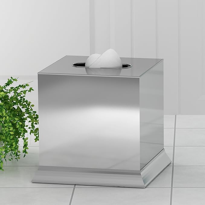 Tissue Box Cover | Stainless Steel Square Facial Tissue Box Holder for Bathroom Vanity Countertops,Bedroom Dressers | Shiny finish