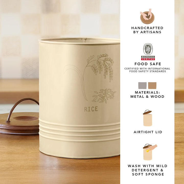 Rice Storage Barrel| Airtight Metal Canister with Wooden Lid