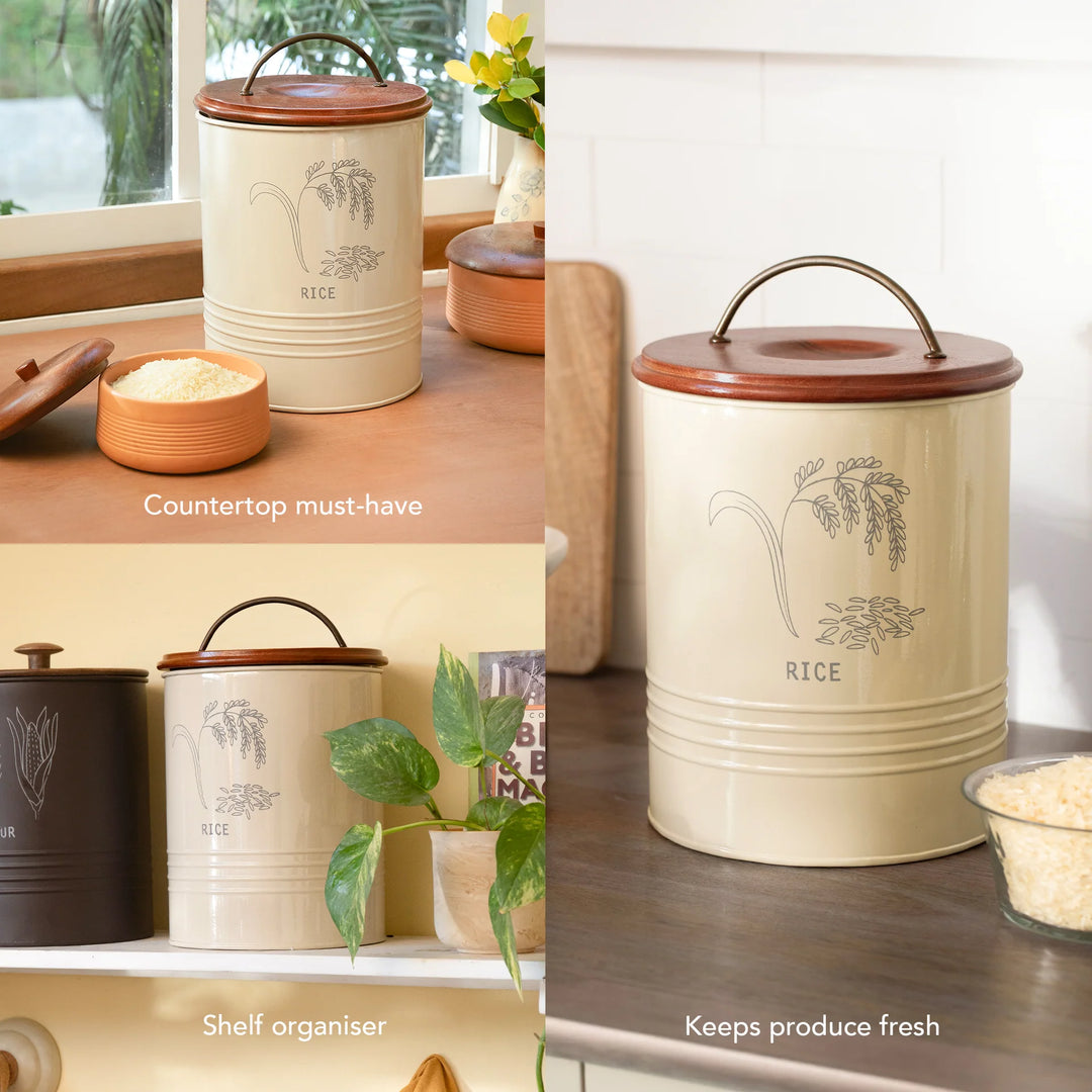 Rice Storage Barrel| Airtight Metal Canister with Wooden Lid