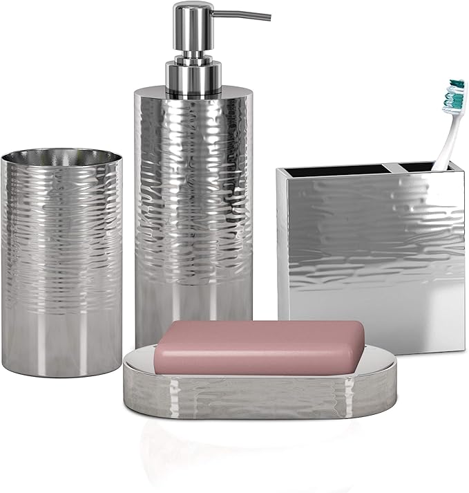 4 Pcs Metal Bath Accessory Set for Vanity Countertops with Soap Dish, Toothbrush Holder, Tumbler, Soap and Lotion Pump | Nickel Finish