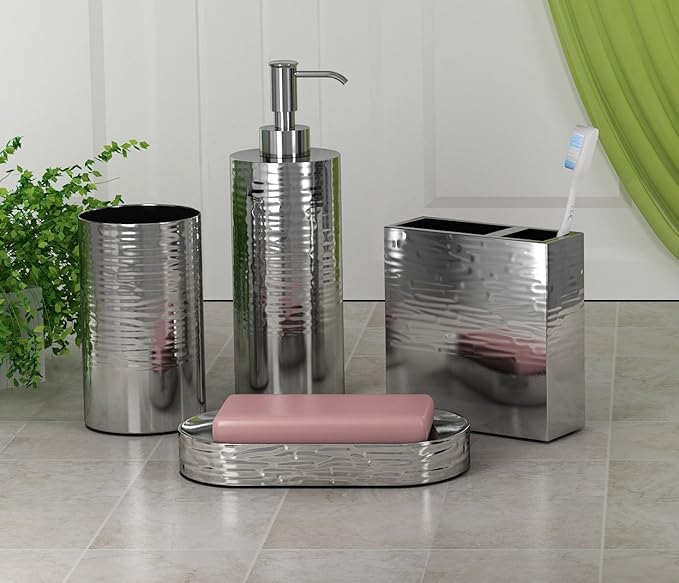 4 Pcs Metal Bath Accessory Set for Vanity Countertops with Soap Dish, Toothbrush Holder, Tumbler, Soap and Lotion Pump | Nickel Finish