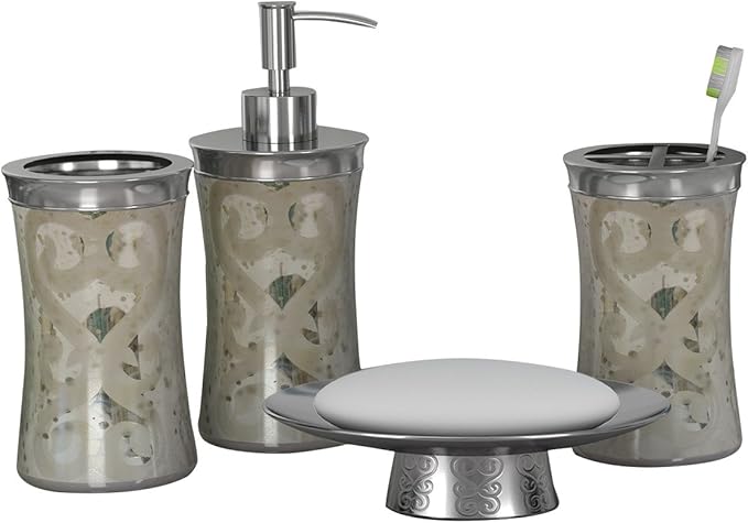 4 Pcs Metal Bath Accessory Set for Vanity Countertops Includes Soap Dish, Toothbrush Holder, Tumbler, Soap and Lotion Pump | Mercury/Etched Finish