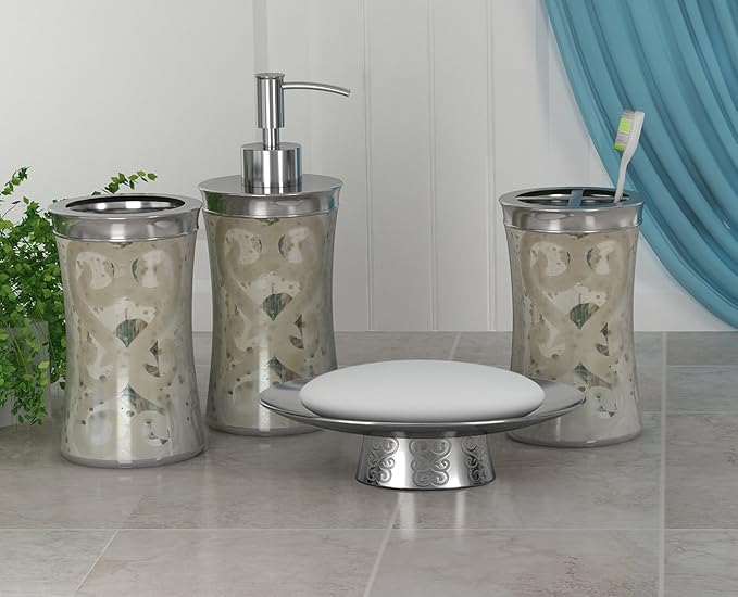 4 Pcs Metal Bath Accessory Set for Vanity Countertops Includes Soap Dish, Toothbrush Holder, Tumbler, Soap and Lotion Pump | Mercury/Etched Finish