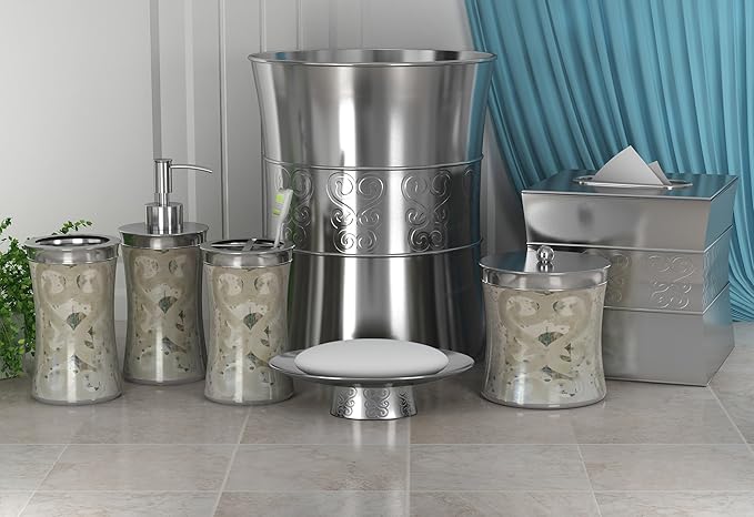 7 Pcs Metal Bath Accessory Set with Patchwork for Vanity Countertops Includes Cotton Jar, Soap Dish, Toothbrush Holder, Tumbler, Lotion Dispenser, Waste Basket & Tissue Box Holder