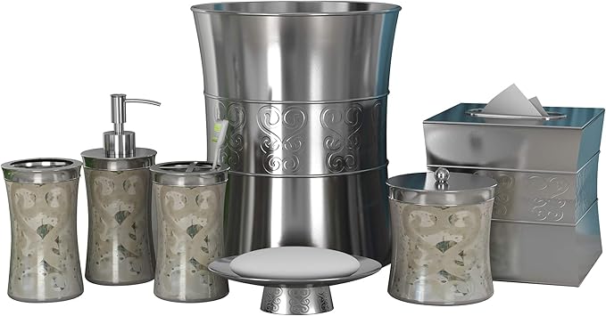 7 Pcs Metal Bath Accessory Set with Patchwork for Vanity Countertops Includes Cotton Jar, Soap Dish, Toothbrush Holder, Tumbler, Lotion Dispenser, Waste Basket & Tissue Box Holder