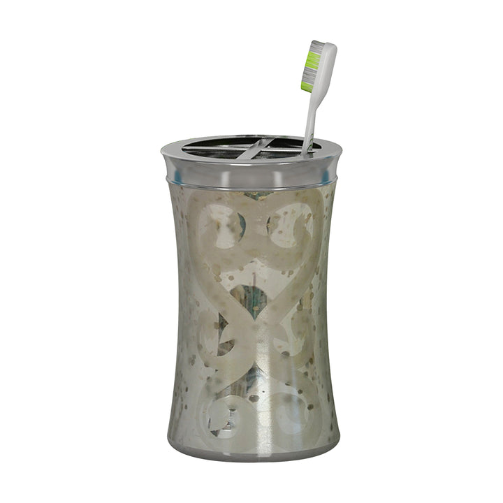 Mercury Glass Toothbrush Holder | Compact Multi Slot Holder for Toothbrushes, Razors & Makeup Accessories | Etched/Mercury