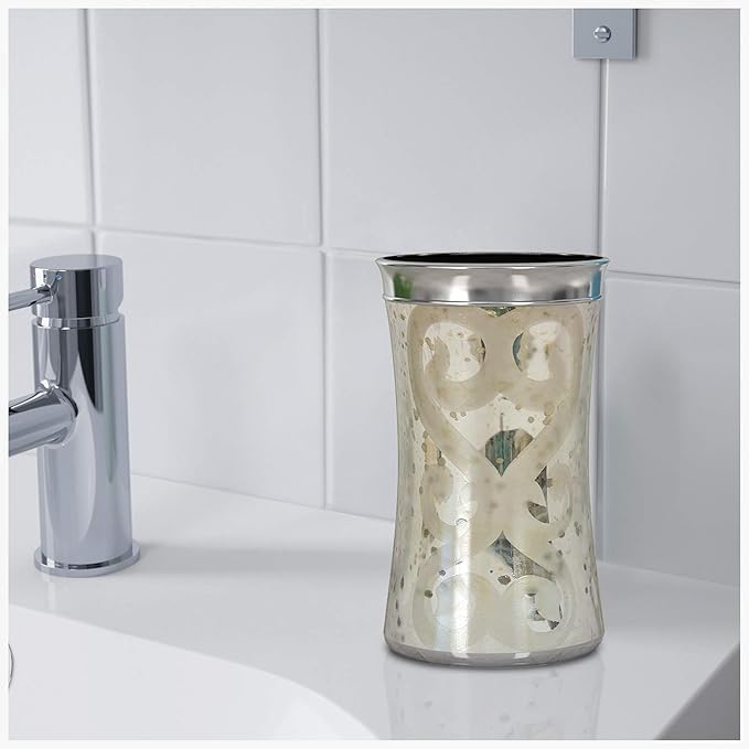 Mercury Glass Bathroom Tumbler Cup | Decorative Rinse Cup,Drinking Glass,Toothbrush & Makeup Brush Holder for Vanity Countertops,Sink & Desk | Etched/Mercury