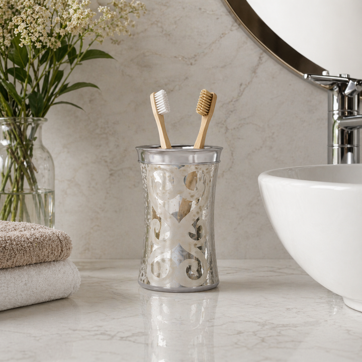 Mercury Glass Bathroom Tumbler Cup | Decorative Rinse Cup,Drinking Glass,Toothbrush & Makeup Brush Holder for Vanity Countertops,Sink & Desk | Etched/Mercury