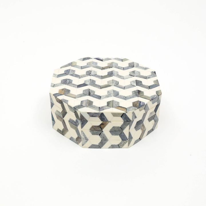 U Pattern Hexagon Storage Box 7.5" | Resin & Wood