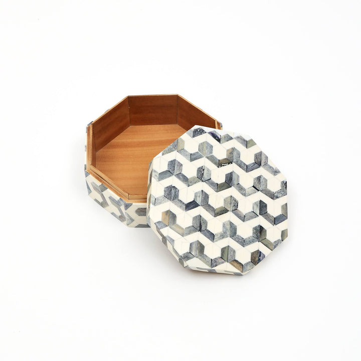 U Pattern Hexagon Storage Box 7.5" | Resin & Wood