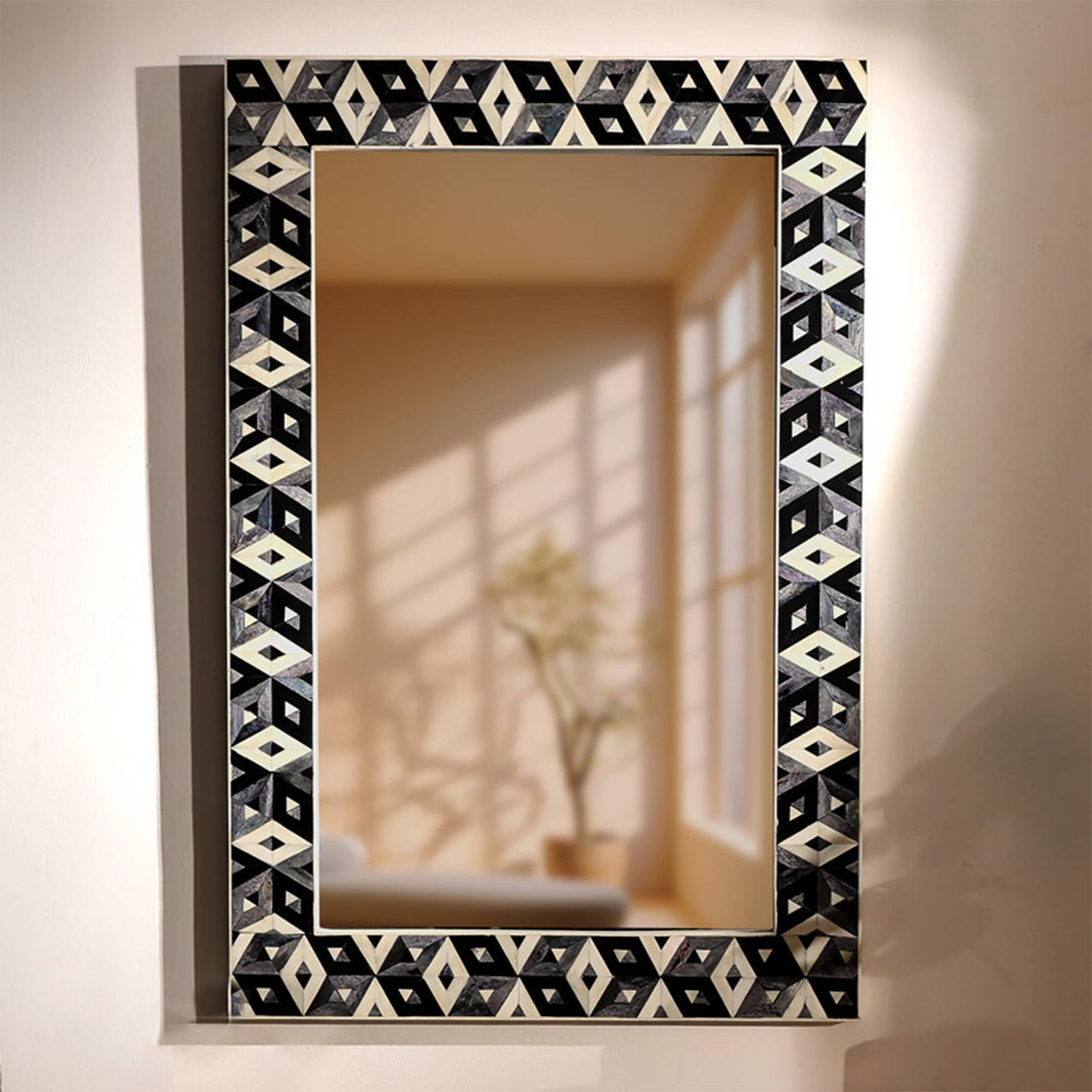 Diamond Bone Inlay Wall Mirror 24x36" | Gray & White