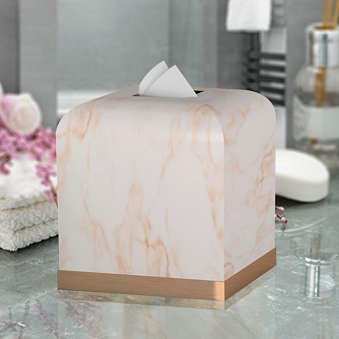 Tissue Box Cover, Resin Square Tissue Box Holder for Bathroom Vanity Countertops,Bedroom Dressers, White/Copper Finish