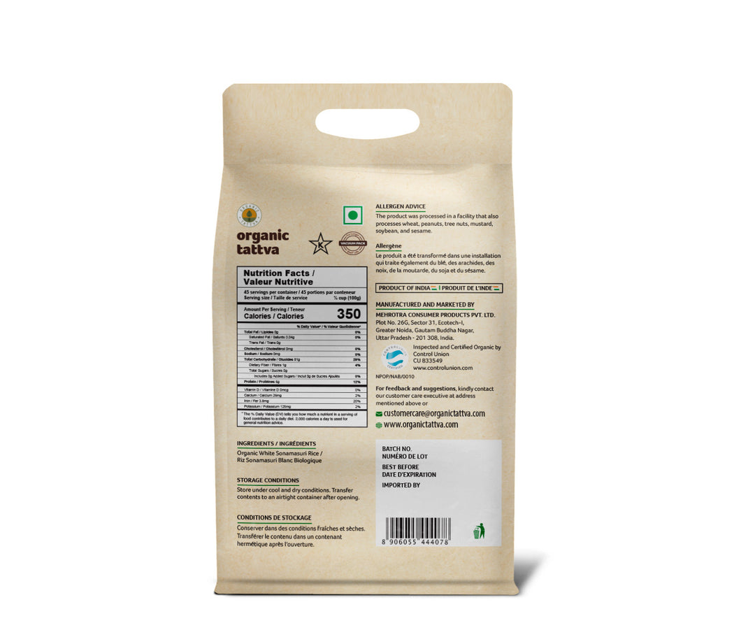 Organic White Sonamasuri Rice 10 lbs Pack of 4