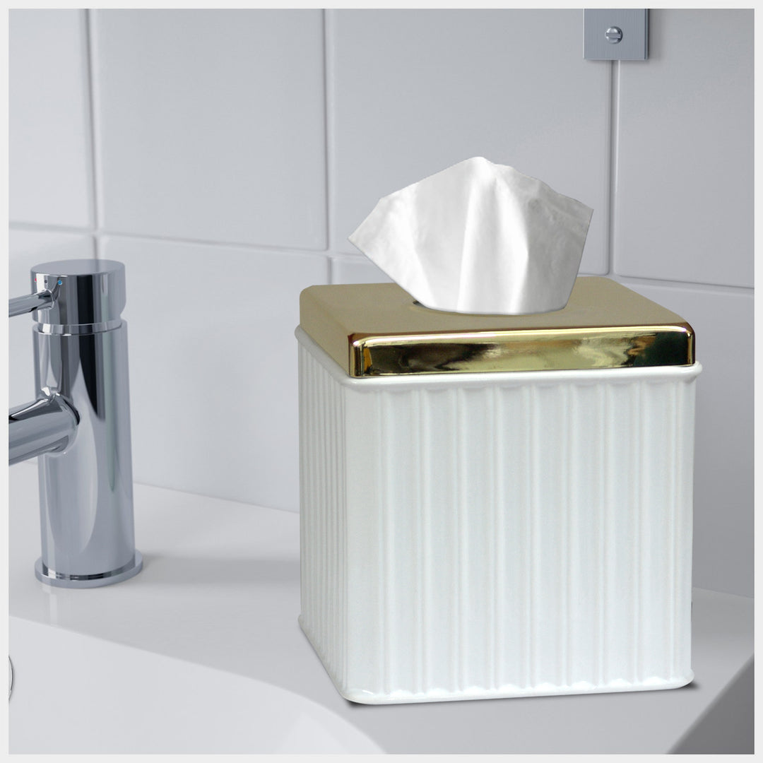 Ceramic Square Facial Tissue Box Cover Holder for Bathroom Vanity Countertops, Bedroom Dressers,Night Stands,Desks and Tables | White/Gold Finish