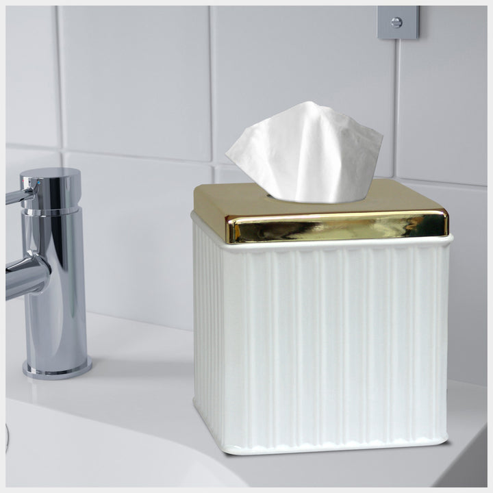 Ceramic Square Facial Tissue Box Cover Holder for Bathroom Vanity Countertops, Bedroom Dressers,Night Stands,Desks and Tables | White/Gold Finish