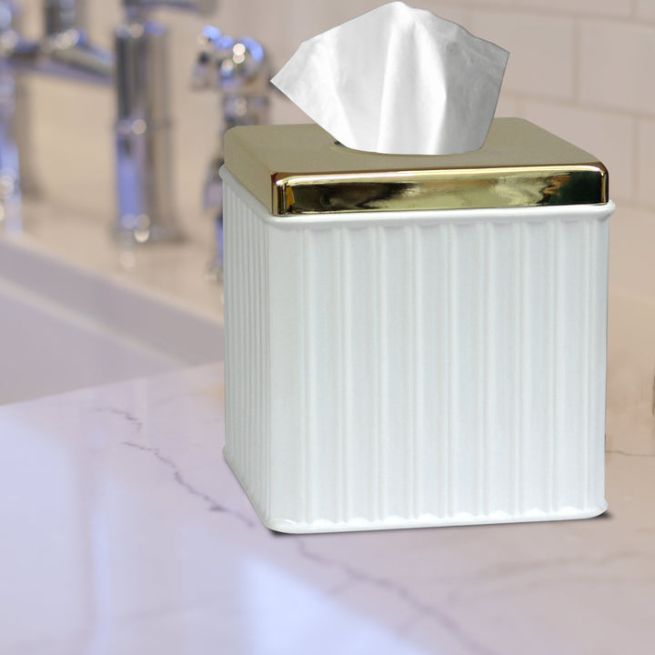 Ceramic Square Facial Tissue Box Cover Holder for Bathroom Vanity Countertops, Bedroom Dressers,Night Stands,Desks and Tables | White/Gold Finish