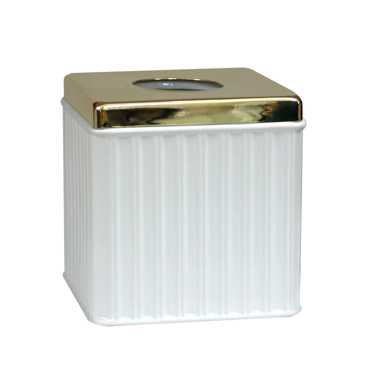 Ceramic Square Facial Tissue Box Cover Holder for Bathroom Vanity Countertops, Bedroom Dressers,Night Stands,Desks and Tables | White/Gold Finish