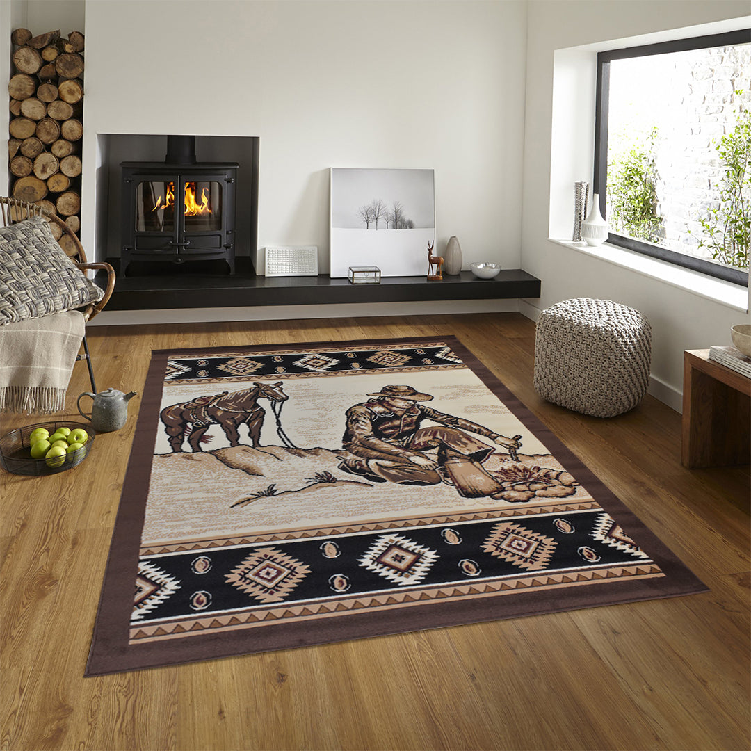 Great West Western Area Rug | Cowboy Campfire Scene | Beige & Brown | Polypropylene | Indoor Rug