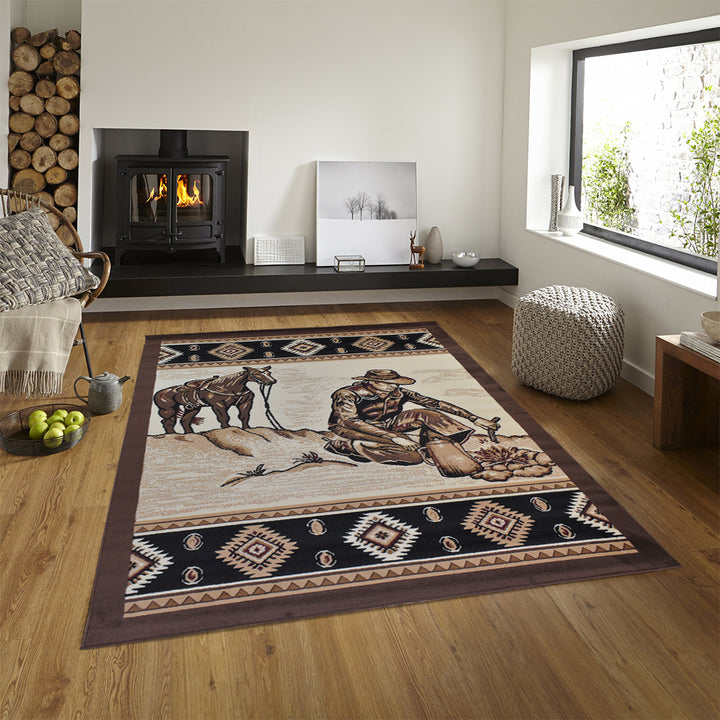 Great West Western Area Rug | Cowboy Campfire Scene | Beige & Brown | Polypropylene | Indoor Rug