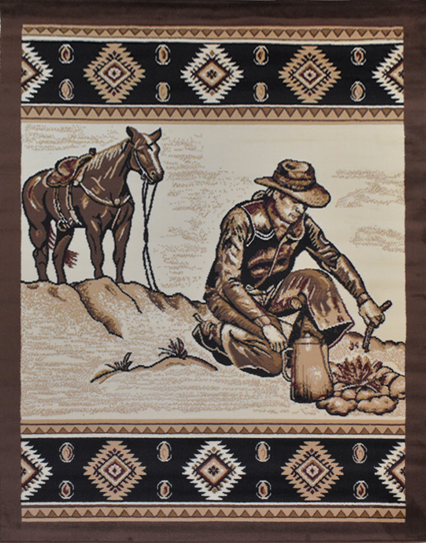 Great West Western Area Rug | Cowboy Campfire Scene | Beige & Brown | Polypropylene | Indoor Rug