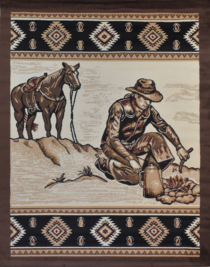 Great West Western Area Rug | Cowboy Campfire Scene | Beige & Brown | Polypropylene | Indoor Rug