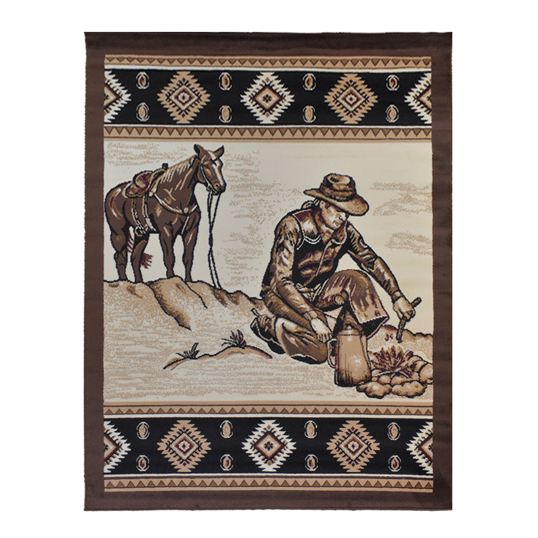 Great West Western Area Rug | Cowboy Campfire Scene | Beige & Brown | Polypropylene | Indoor Rug