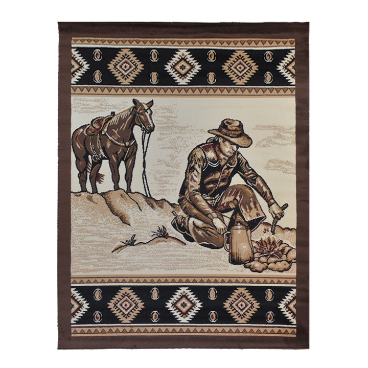 Great West Western Area Rug | Cowboy Campfire Scene | Beige & Brown | Polypropylene | Indoor Rug