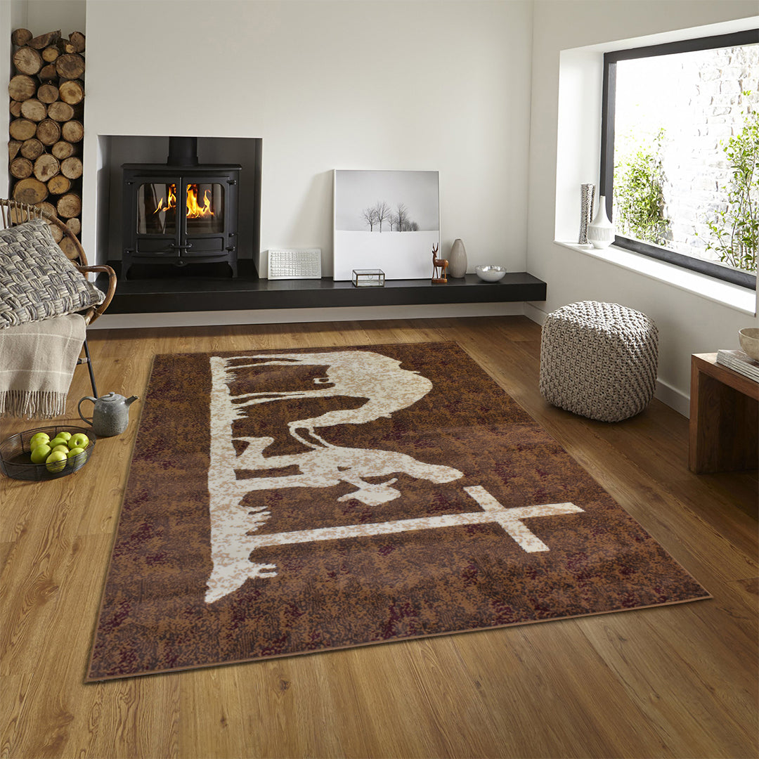 Great West Western Area Rug | Cowboy & Horse Silhouette Design | Brown | Polypropylene | Indoor Accent Rug
