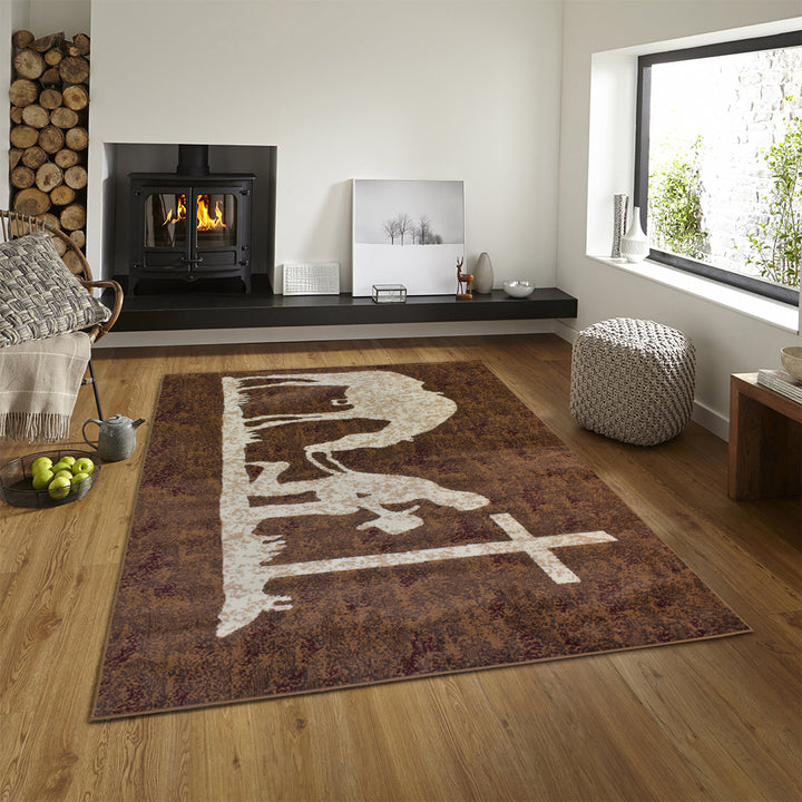 Great West Western Area Rug | Cowboy & Horse Silhouette Design | Brown | Polypropylene | Indoor Accent Rug