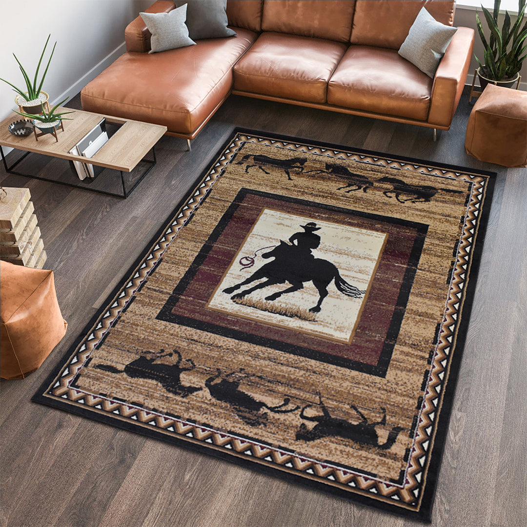 Great West Western Area Rug | Cowboy & Running Horses Design | Polypropylene | Indoor Accent Rug