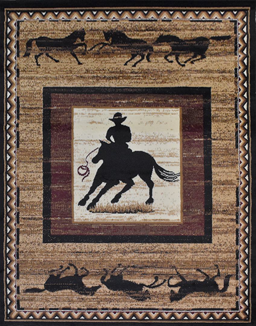 Great West Western Area Rug | Cowboy & Running Horses Design | Polypropylene | Indoor Accent Rug