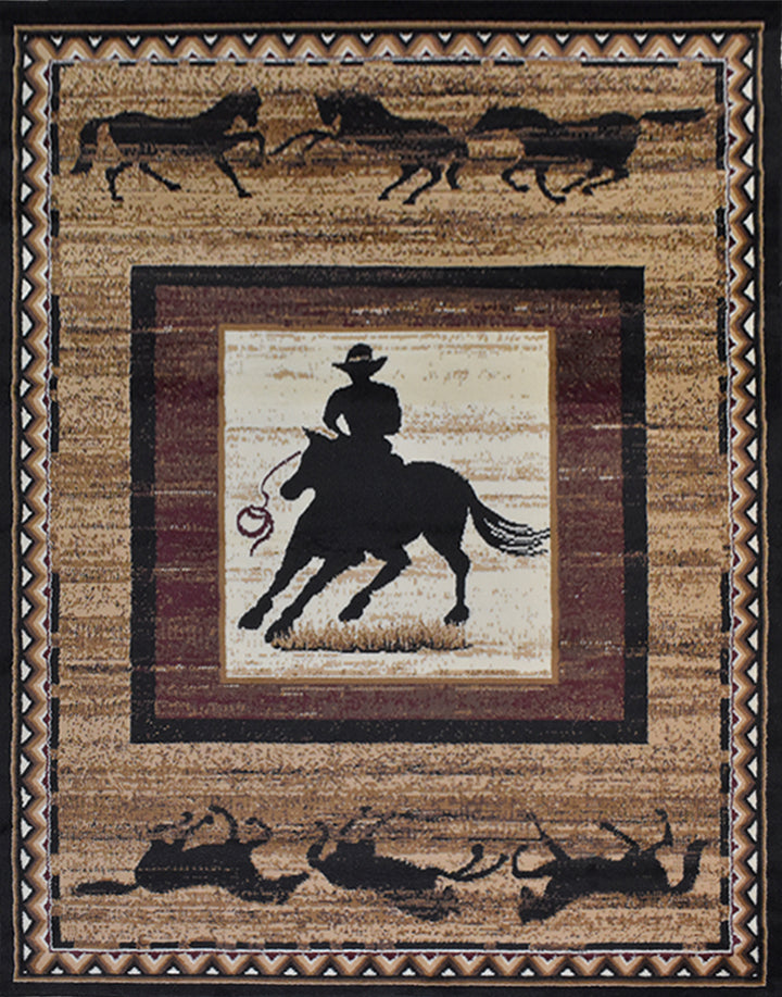 Great West Western Area Rug | Cowboy & Running Horses Design | Polypropylene | Indoor Accent Rug