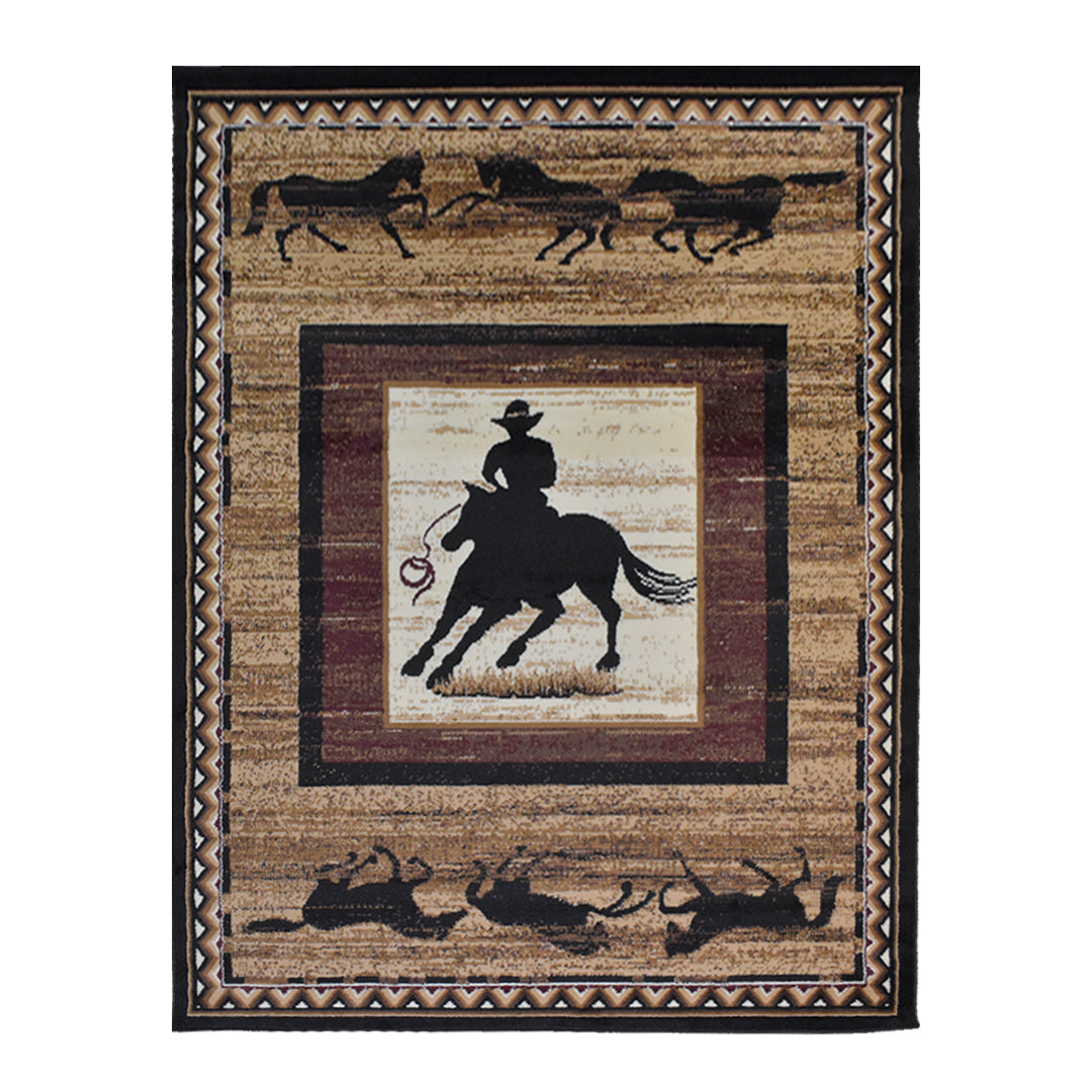 Great West Western Area Rug | Cowboy & Running Horses Design | Polypropylene | Indoor Accent Rug