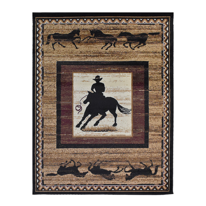 Great West Western Area Rug | Cowboy & Running Horses Design | Polypropylene | Indoor Accent Rug