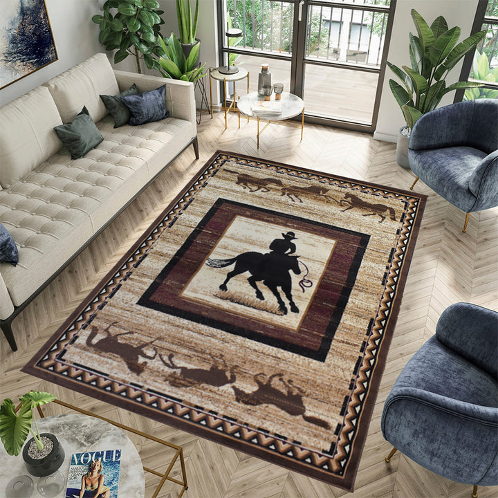Great West Western Area Rug | Cowboy & Running Horses Design | Polypropylene | Indoor Accent Rug