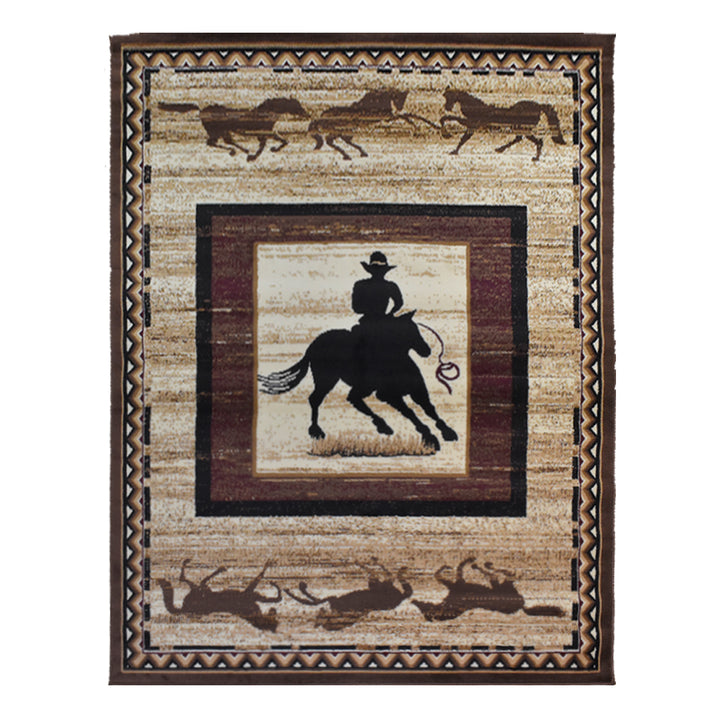 Great West Western Area Rug | Cowboy & Running Horses Design | Polypropylene | Indoor Accent Rug