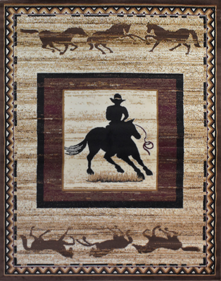 Great West Western Area Rug | Cowboy & Running Horses Design | Polypropylene | Indoor Accent Rug